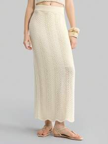 Ontre 女士休闲纯色长款针织裙，适合度假装女士 - 杏色 - 查看 8