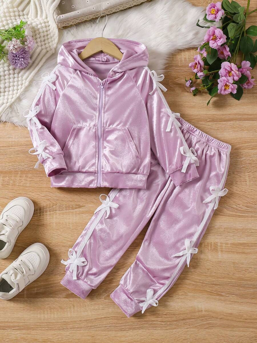 Set de 2 piezas de chaqueta y atuendo informal, cálido y lindo con decoración de moño, estilo universitario para niñas, apto para primavera y otoño - Púrpura malva - Ver 1