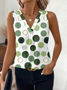 SHEIN Clasi Blusa aderente verde con scollo a V senza maniche, con stampa a pois grandi, abbigliamento da donna, vestito estivo per donna per Pasqua - Verde - Visualizzare 5
