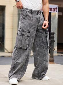 RivetRise Pantalones vaqueros tipo cargo para hombres de pierna ancha, casual y versátil, con ajuste holgado
