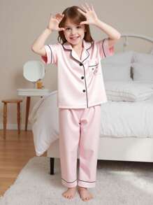 2pcs/Set Young Girl Simple Solid Color Pocket Cute Cat Print Short Sleeve Shirt And Long Pants Loungewear Set - Pink - View 4