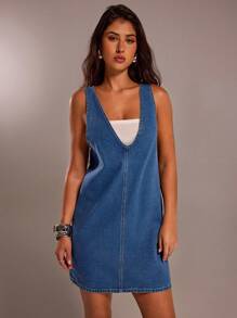 Forever 21 Casual Vintage Straight Denim Dress For Commuting, Spring - Medium Wash - View 6