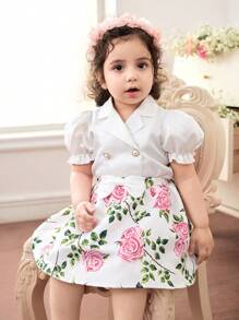 SHEIN Conjunto de falda y Top de satén con estampado floral elegante para bebé niña en verano - Blanco - Ver 5