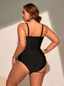 Swim Chiccia Ensemble 2 pièces pour femmes grandes tailles, Top en patchwork tressé noir et bas de bikini taille haute en patchwork tressé, bikini simple et casual pour les vacances, pour l'été et la plage