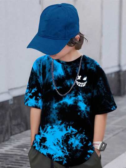 SHEIN 未附項鍊的tween男孩水染表情印花t恤