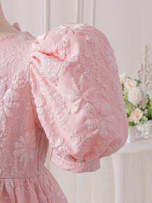Tween Girl Dusty Pink Round Neck Jacquard Floral Puff Sleeve Bow Back Decor Elegant Summer Party A-Line Dress,Occasion Dress For Princess,Graduation - Pink - View 13