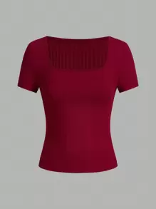 SHEIN EZwear 3 件女式方领修身短袖罗纹 T 恤，适合夏季，安科拉红色 - 彩色 - 查看 4