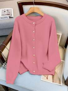 SHEIN LUNE 女式加大码圆领单排扣休闲优雅长袖开衫