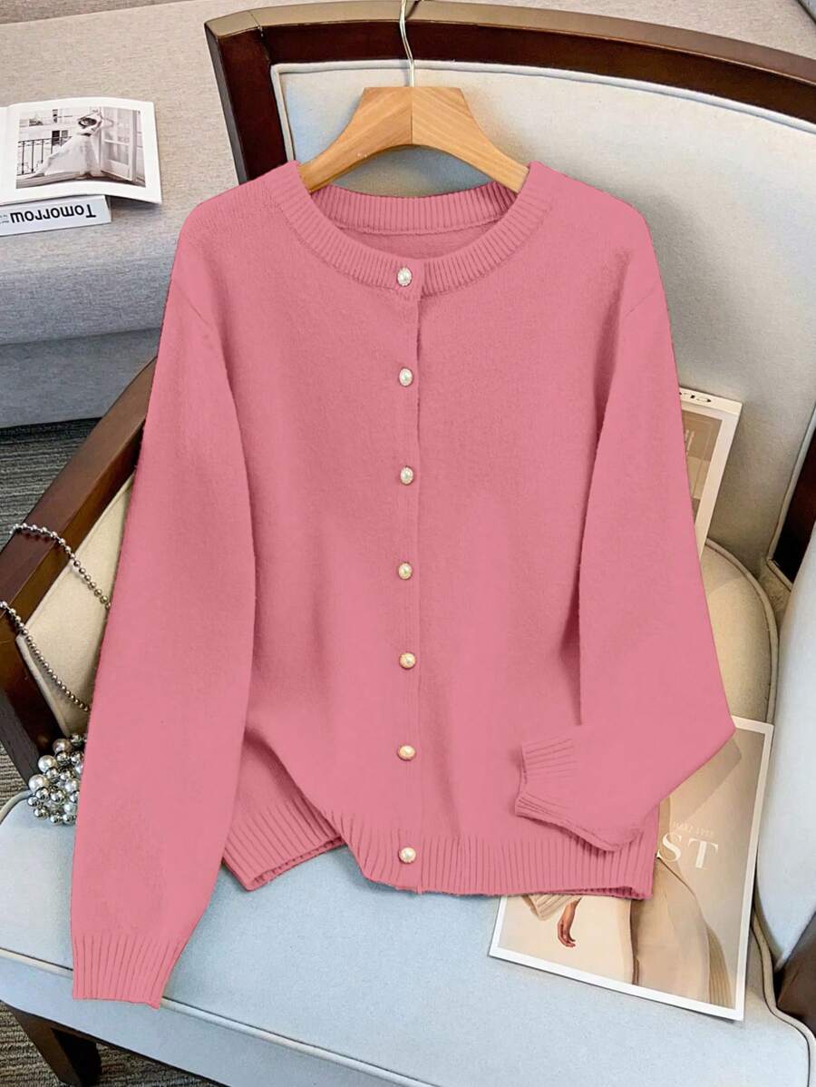 SHEIN LUNE 女式加大码圆领单排扣休闲优雅长袖开衫