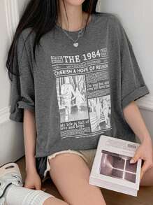 DAZY T-shirt oversize casual da donna con stampa slogan, scollo rotondo, spalle scoperte