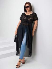 SHEIN Clasi 大码女式性感蕾丝拼布不对称下摆长款上衣 - 黑色 - 查看 5