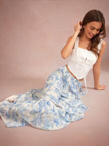 WESTFADE Summer Toile Printed Chiffon Smocked High Waist Ruffle Tiered Skirt Spring Break Vacation Brunch