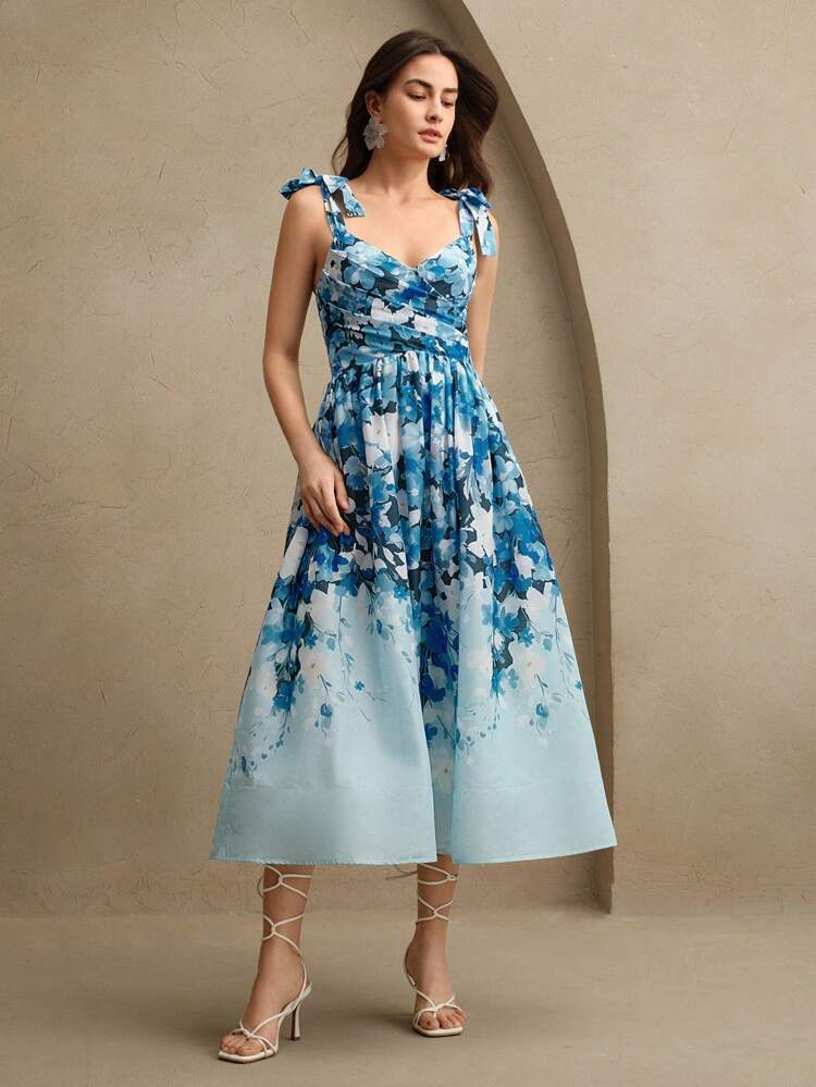 Floral Print Tied V-Neck Waist Flare Long Dress, Elegant And Stylish For Festival, Going Out, Vacation Outfits, Women Summer Sun Dress Women Dresses Summer