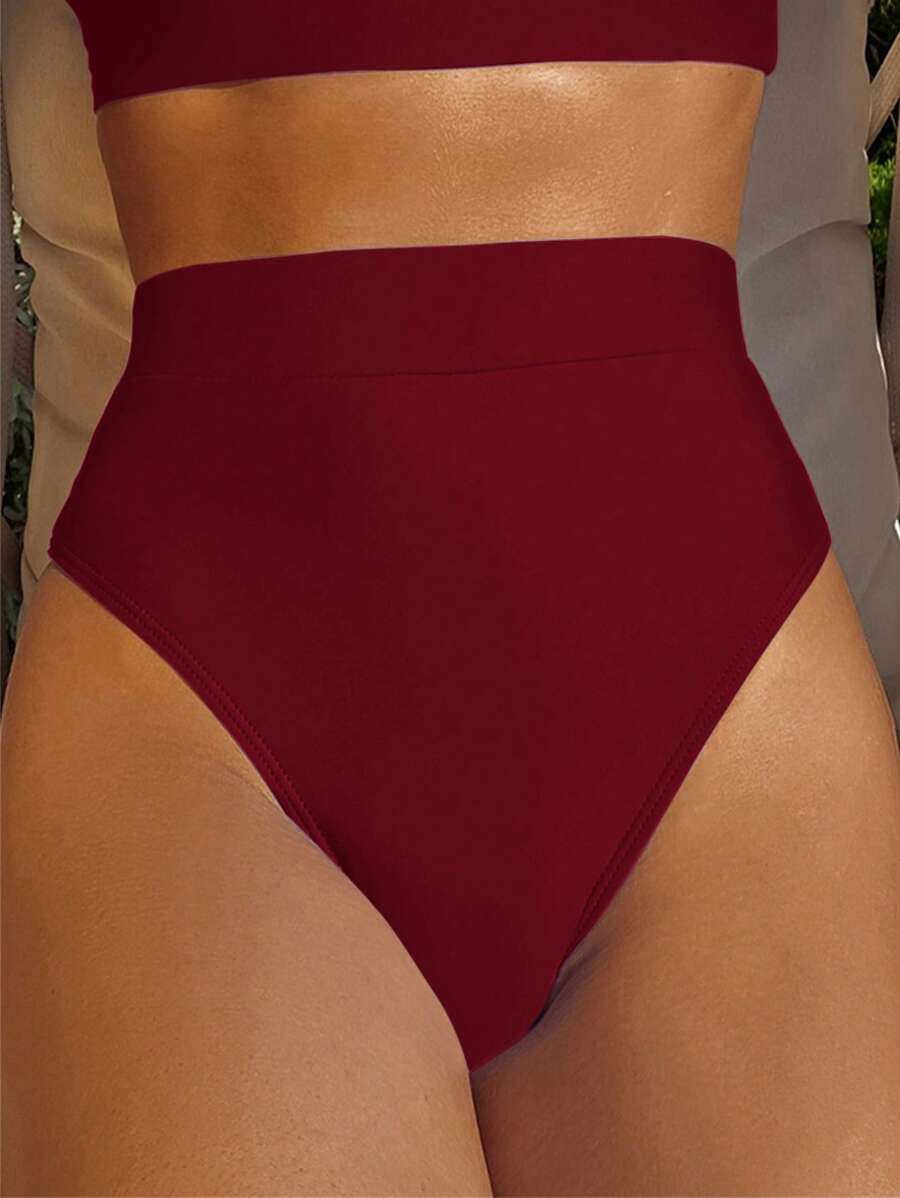 SHEIN Swim Solid High Waist Bikini Bottom For Summer Beach Vacation - Red - View 1