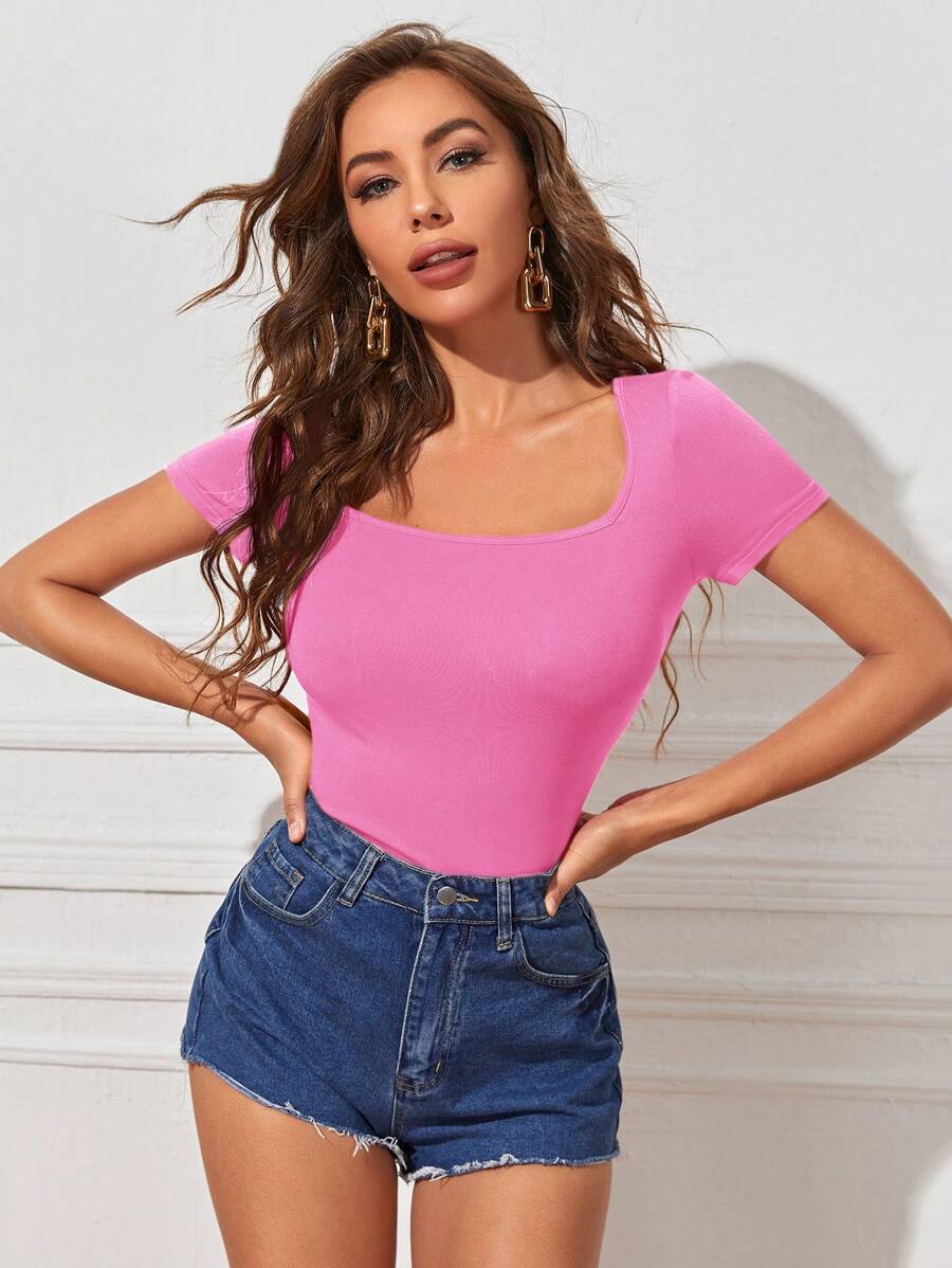 SHEIN Essnce 休闲纯色短袖修身 T 恤，春夏