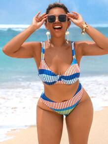 Swim Vcay Plus Size Women 2pcs Underwire Decor Random Line & Geometric Print Bikini Set, For Summer Beach Vacation - Multicolor - View 7