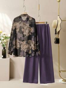 SHEIN Lacomfia Ensemble 2 pièces casual avec chemise ample à manches longues et imprimé floral et pantalon à taille élastique, grande taille, printemps/automne