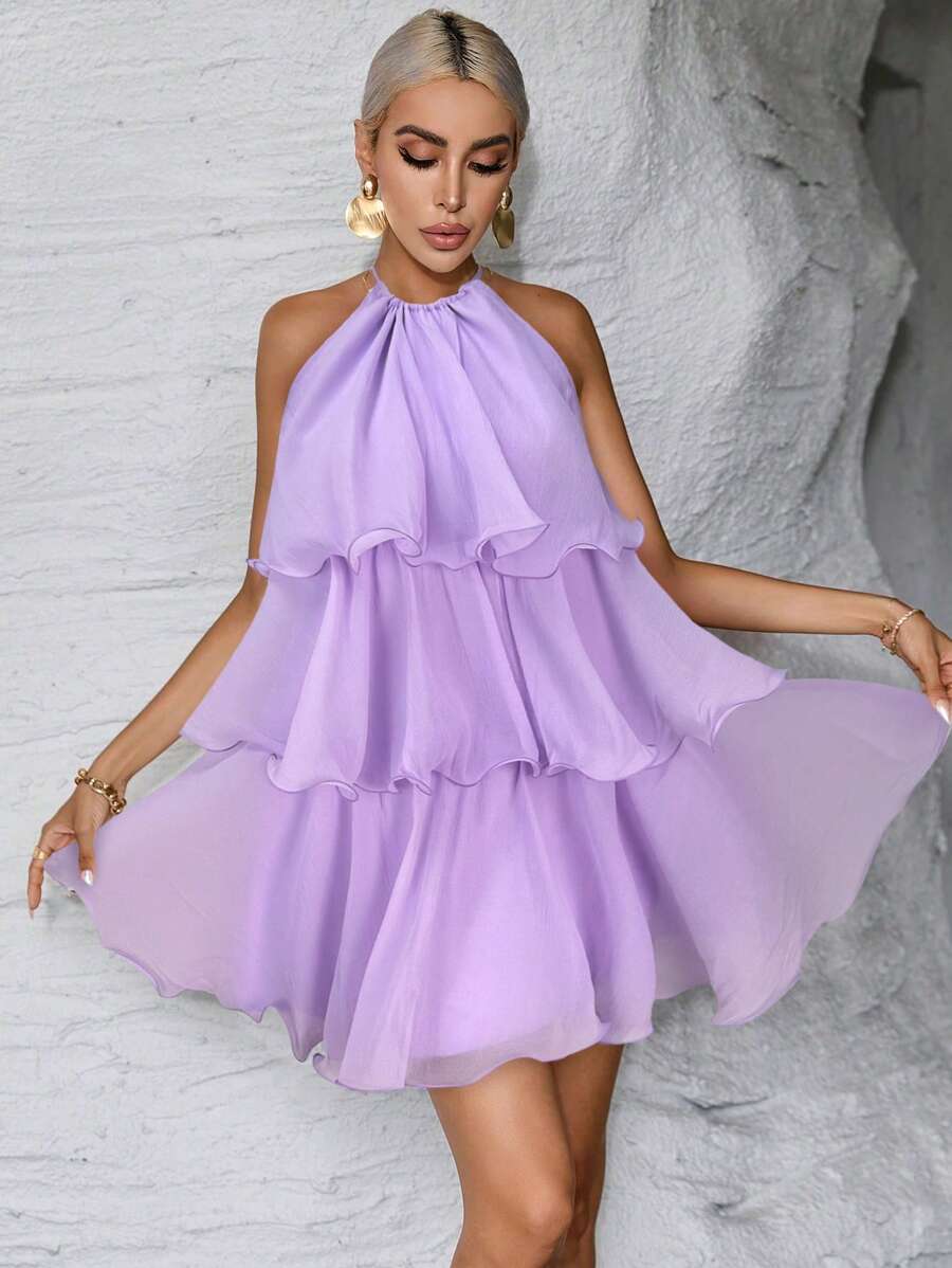 Firerie Women's Elegant Solid Color Multi-Layer Halter Neck Dress - Lilac Purple - View 1