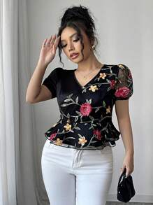 SHEIN PETITE 大码女式编织小V领撞色网眼优雅夏季衬衫 - 黑色 - 查看 4