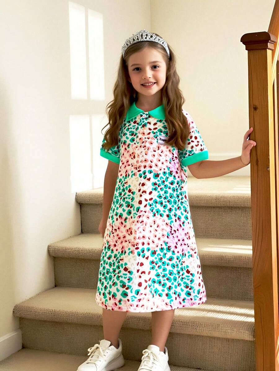 SHEIN 1-Piece Girl Toddler Dress Casual Style Polo Collar Short Sleeve All-Over Printed Colorful Leopard Dress Spring Summer Autumn Suitable For School Parties Daily Wear Home Leisure And Various Occasions