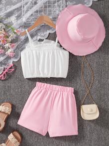 Set casual de 2 piezas con parte superior de tirantes con volantes y shorts de unicolor para niñas jóvenes - Multicolor - Ver 2