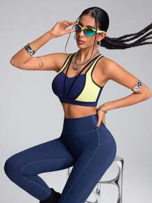 Innovista Brassière de sport minimaliste femme de couleur unie avec patchs, porter au quotidien de manière décontractée - Bleu marine - Voir 5