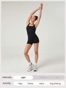 GLOWMODE 4.3" FeatherFit™-Air Sweat-Wicking Quick-Dry Tummy Control Corset Round-Neck Crossover Back Bodysuit Jumpsuit Romper With Side Pockets Low Impact Yoga Pilates Studio Daily Casual Wear Removable Cups