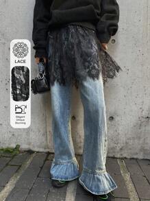 FRIFUL Women Lace Trim Minimalist A-Line Skirt, Casual For Daily Wear Y2k - Black - View 9