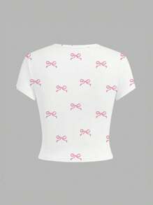 SHEIN 2025 Summer New Arrival Simple Bow Print Teen Girl Short Sleeve Cropped T-Shirt Summer Holiday - Grey - View 2