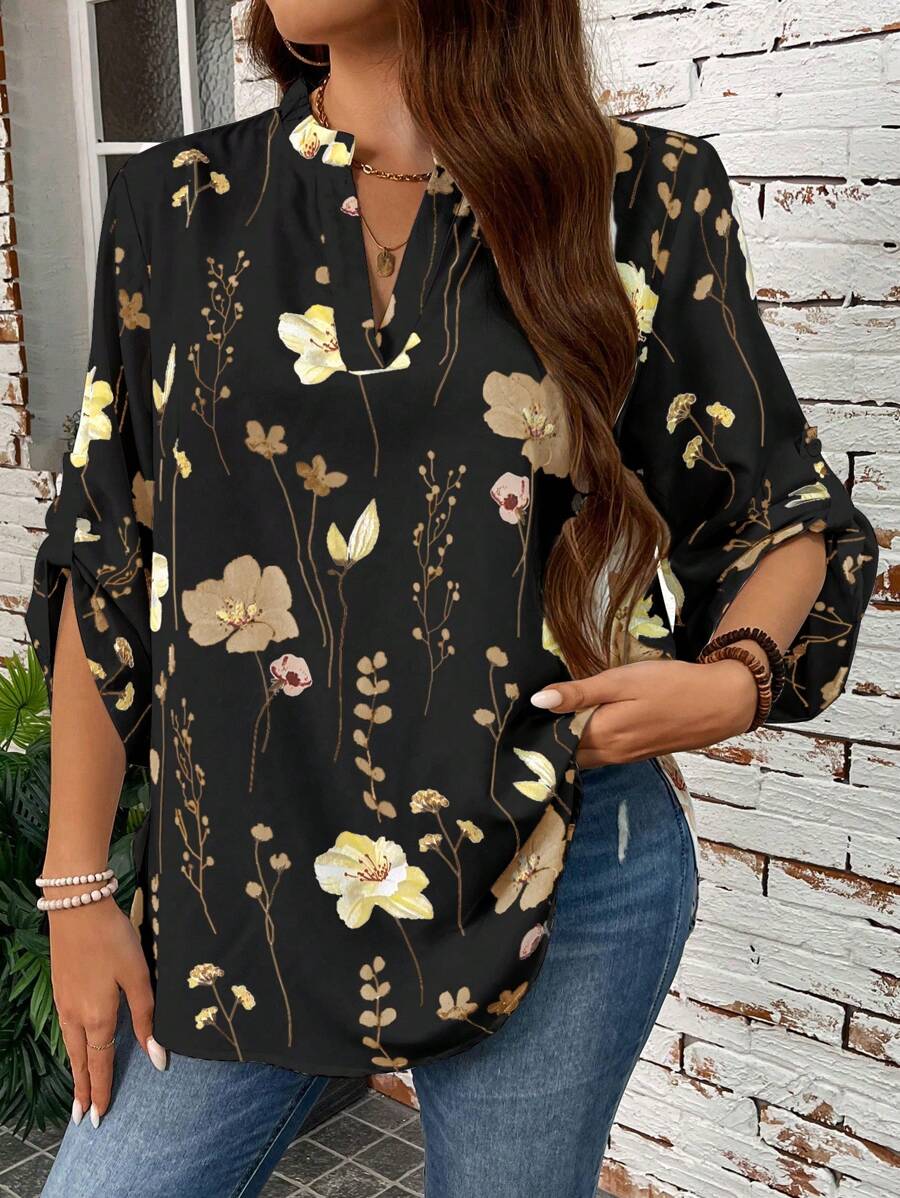 EMERY ROSE Plus Size Women Floral Print V-Neck Cuff Sleeve Vacation Shirt - Multicolor - View 1