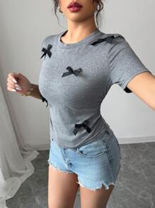 Gloray Women's Floral Grey Crewneck Waisted Bow Decor Short Sleeve T-Shirt