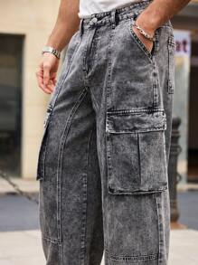 RivetRise Pantalones vaqueros tipo cargo para hombres de pierna ancha, casual y versátil, con ajuste holgado
