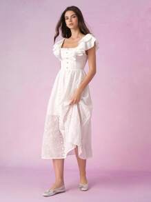 SHEIN MOD Women's White Summer Cottage Core Tea Party Dress,Front Buttoned Double Ruffled Bohemian Pastoral Spring Brunch Holiday Country Easter Dress - White - View 3