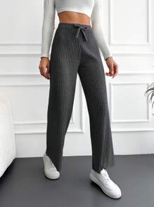 EURMUSE Cotton Solid Ribbed Knit Straight Leg Pants - Dark Grey - View 3