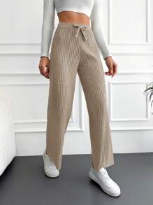 EURMUSE Quần ống đứng lưng rút dây đan gân cotton trơn - Màu be - Xem 4