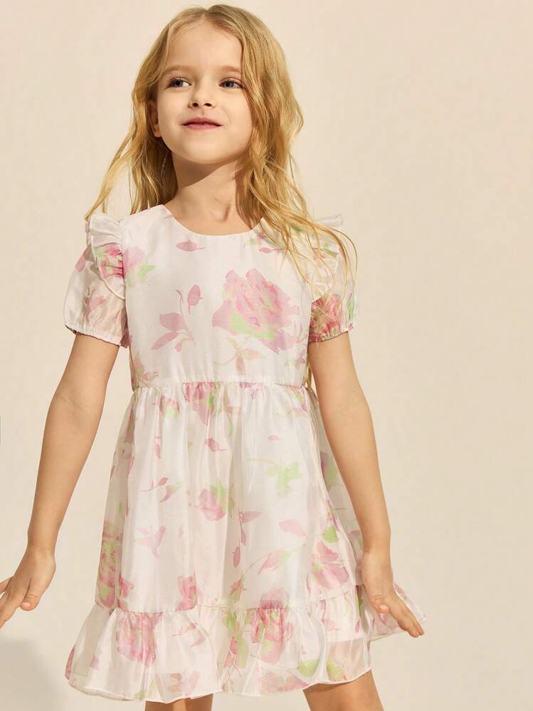 SHEIN Váy tay bồng cổ tròn dệt hoa lớn màu trắng thanh lịch cho bé gái, mùa xuân/hè - Nhiều màu - Xem 7