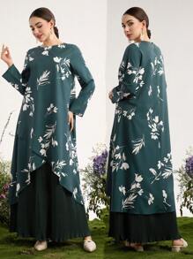 Graceveil 女式阿拉伯编织花卉印花褶皱长袖拼布长款休闲连衣裙 - 墨綠色 - 查看 1