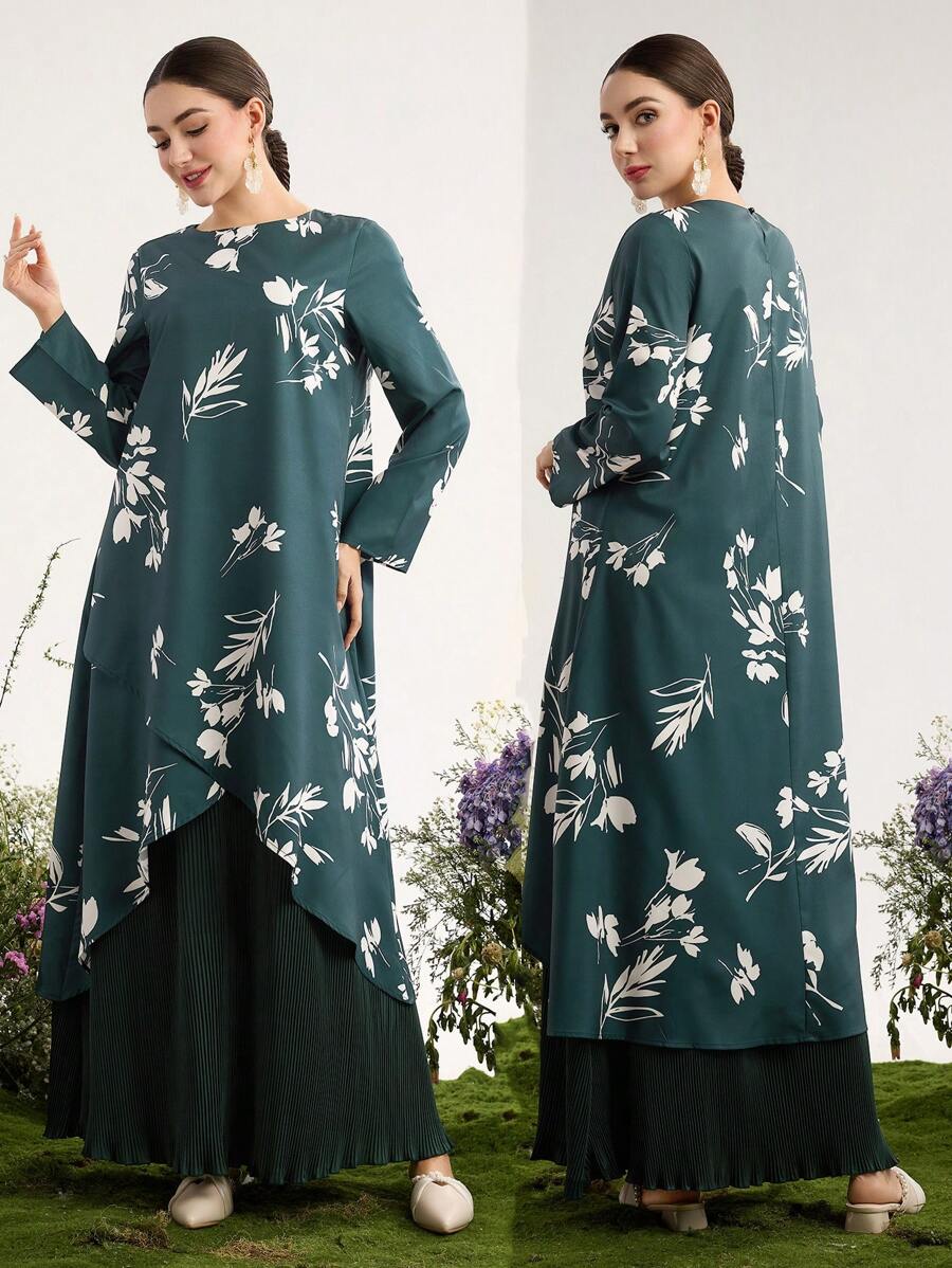 Graceveil 女式阿拉伯编织花卉印花褶皱长袖拼布长款休闲连衣裙 - 墨綠色 - 查看 1