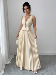 Elenzga Đầm nữ dáng chữ A không tay cổ chữ V, eo nhún, đính ngọc trai, xếp ly, nơ thanh lịch, lãng mạn - Màu be - Xem 5