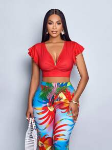 SOLERSUN Women 2 Pieces Set: Solid Color Ruffle Lantern Sleeve Crop Top & Tropical Plant Print Pants, Vacation Style - Red - View 3