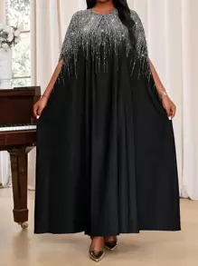 SHEIN Lady Robe Caftan à manches courtes, encolure encochée, colorée, tissée, élégante pour les fêtes, les navettes et le bureau, adaptée aux saisons de printemps, d'été et d'automne - Argent - Voir 1