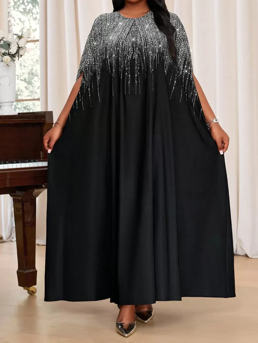 SHEIN Lady Robe Caftan à manches courtes, encolure encochée, colorée, tissée, élégante pour les fêtes, les navettes et le bureau, adaptée aux saisons de printemps, d'été et d'automne - Argent - Voir 1