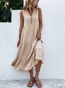 EMERY ROSE Button Detail Layered Hem Smock Dress Maxi Women Outfit - Apricot - View 3