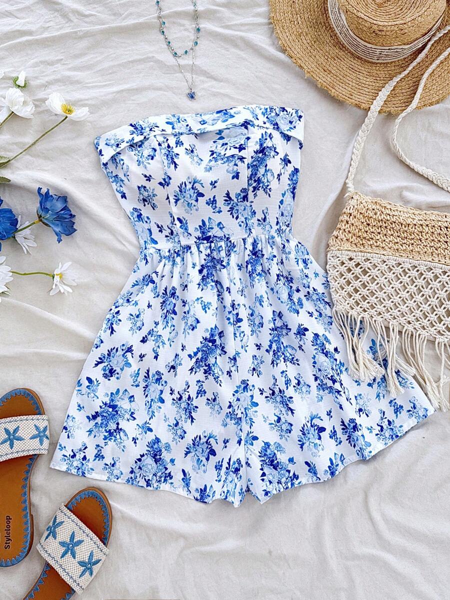 Soleia Damski swobodny kombinezon bez ramiączek z wywiniętym dekoltem, paskiem z tyłu, luźnymi nogawkami, ściągaczem w pasie, wyszczuplającą sylwetką, odpowiedni na imprezę, randkę, walentynki, wakacje w mieście/na plaży, letni swobodny ubiór