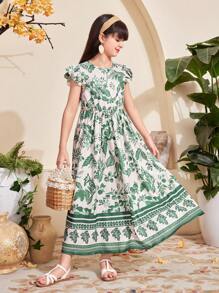 SHEIN Tween Girls Vacation Casual Plant Graphic Cap Sleeve Dress - Green - View 4