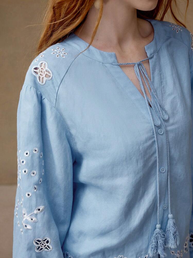 LINEN FLORAL EMBROIDERY BLOUSE