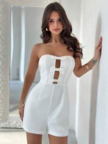 Firerie Combinaison blanche élégante, minimaliste, sexy, raffinée, romantique, douce pour usage quotidien, mariage, vacances, avec nœud papillon, taille ajourée, plissée, sans bretelles. Printemps/Été - Blanc - Voir 7