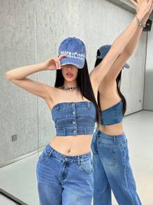 SHEIN EZwear 女士性感紧身弹力露肩牛仔上衣，蓝色 - 中等水洗藍 - 查看 1
