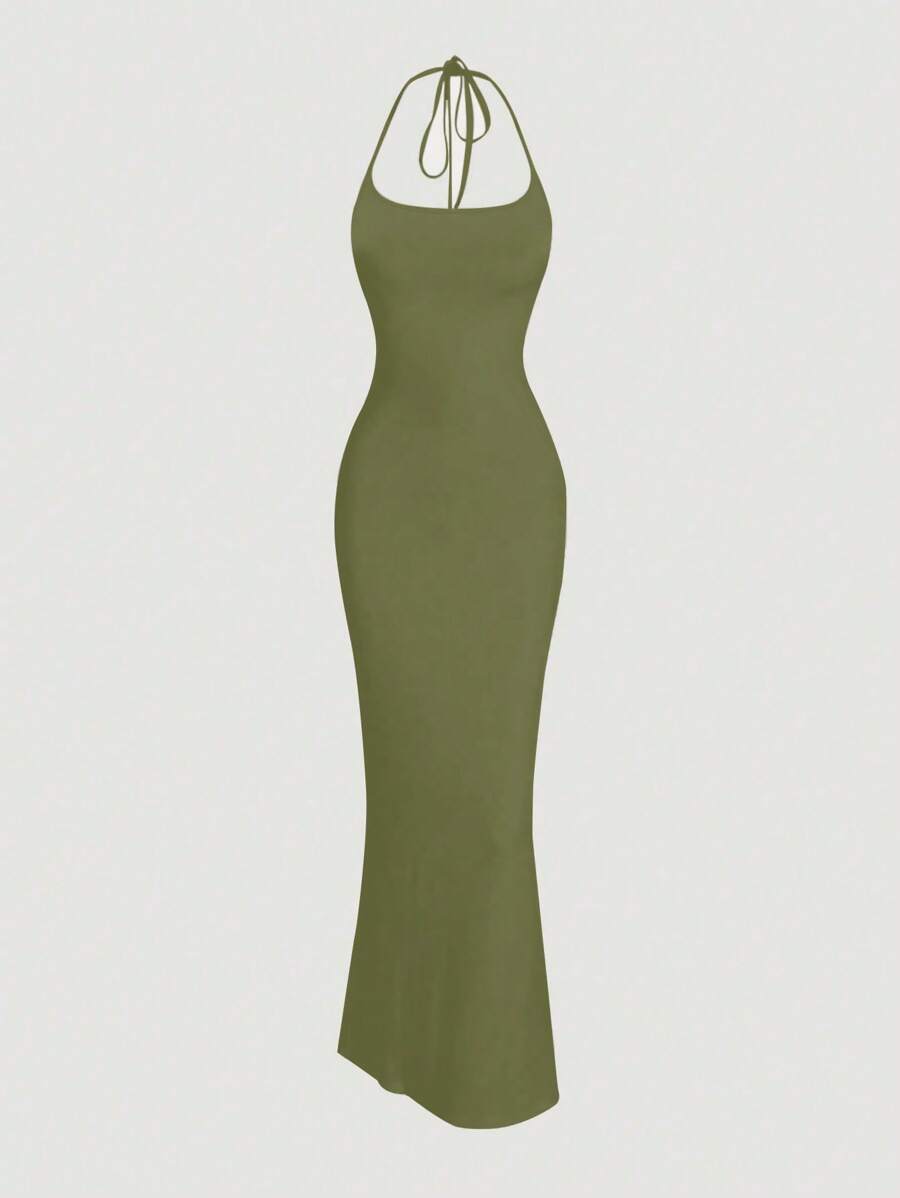Sweetra Elegant Solid Color Backless Halter Dress With Fishtail - Olive Green - View 1