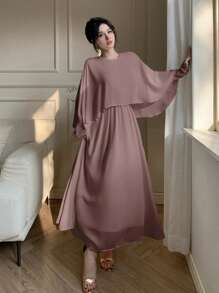 DAZY Women Chiffon Mid-Length Party Dress, Spring/Fall Elegant Long Sleeve Dress - Coral Pink - View 2